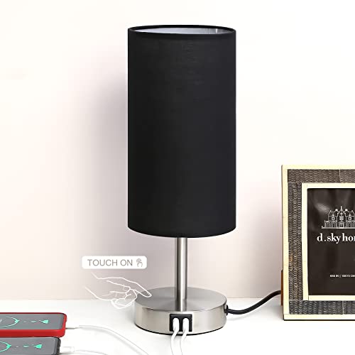 Bedside Lamp with USB Port - Touch Control Table Lamp for Bedroom Wood 3 Way Dimmable Nightstand Lamp with Round Black Shade for Living Room, Dorm, Home Office (LED Bulb Included) (Blacl2) - color: Black2