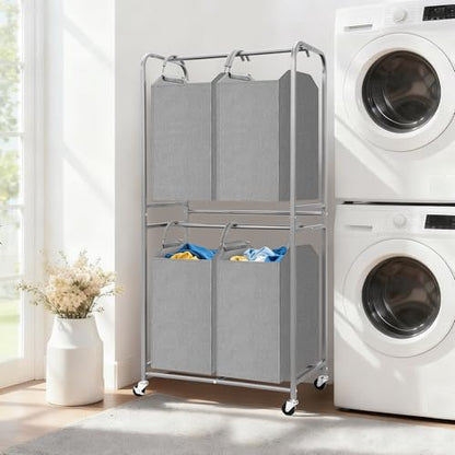 STORAGE MANIAC 4 Section Vertical Laundry Hamper, 2 Tier Laundry Sorter with 4 Removable Tote Bags, Rolling Clothes Basket for Towels, Blankets, Tall Dirty Clothes Hamper for Closet, 4 Bags Gray - size: 4 Section