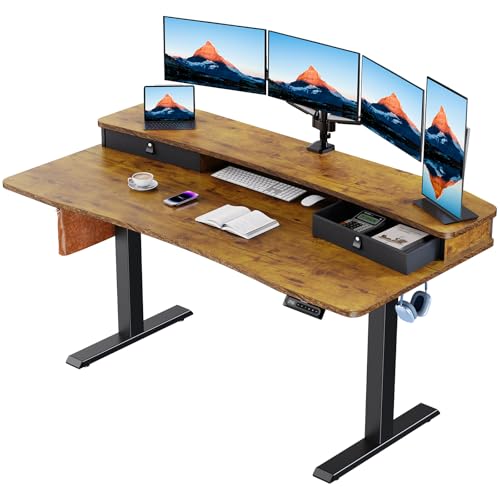 HUANUO 60″ x 30″ Electric Standing Desk with 2 Drawers, C-Clamp Mount Compatible, Height Adjustable Computer Desk, Home Office Stand Up Desk with 4 Preset Heights & 2 Hooks, Vintage Brown - color: Vintage Brown, size: 60" X 30"