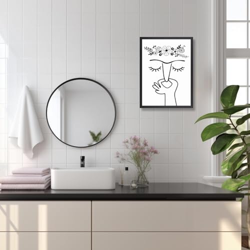 IAFWZX Wood Framed Floral Crown Pinch Nose Bathroom Wall Art 12x16 in | Boho Black White Minimalist Line Wall Decor, Funny Bathroom Art Print, Humorous Decor for Powder Room and Restroom - color: WomanPinchesNose(Wood), size: 16"L x 12"W