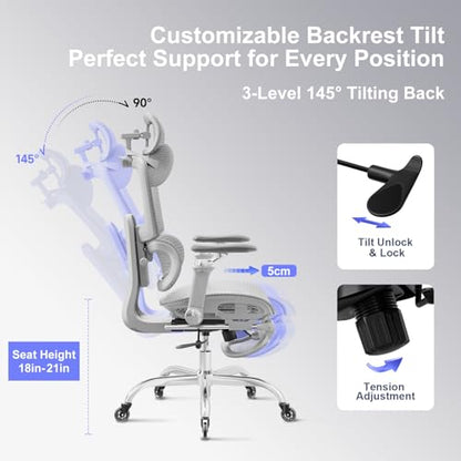 Office Chair with Footrest, Ergonomic Chair with 3D Headrest, Computer Chair with Adjustable Backrest & 6D Armrest, Gaming Chair with Adaptive Lumbar Support, Adjustable Seat Depth, Grey - color: Grey, style: Plus