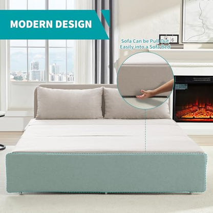 BALUS 64" W Queen Size Pull Out Sleeper Sofa Bed Couch with Pullout Bed | 2 in 1 Convertible Linen Loveseat Sofa Sleepers with Pillows and Tri-fold Mattress for Small Space Loft Home Office, Beige - color: Beige, size: Queen