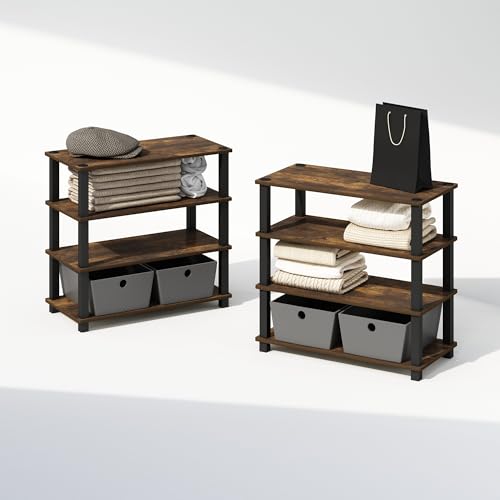 Furinno Turn-N-Tube Storage Shelves Set of 2, 4-Tier Stackable Standing Shelf, Open Corner Shelf, for Organization and Storage, Living Room, Garage, Home Office, Amber Pine - color: Amber Pine/Black, size: 4-Tier (Set of 2)