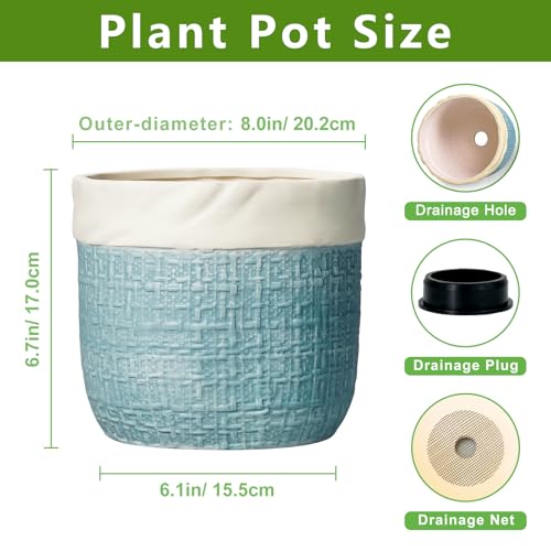 Ceramic Planter, 8 Inch Plant Pot, Round Flower Pots, Blue | Boho Planters for Indoor Plants, Decorative Pots for Plants with Drainage Hole, Garden Home Office Decor, Plant Lover Gifts - color: Blue, size: 8 Inch
