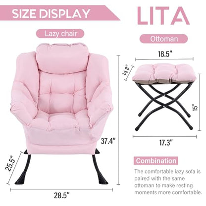 Lazy Chair with Ottoman, Comfy Accent Reading Chair, Pink | Foldable Footrest,Removable Cover,with Armrests and Side Pockets,Upholstered Lounge Chair for Bedroom,Dorm,Office,Small Space - color: Pink