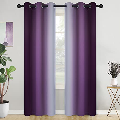 COSVIYA Grommet Room Darkening Ombre Purple Curtains W42xL84 inch | Purple and Greyish White Gradient Drapes, Light Blocking, Insulated Thermal Window Curtains for Bedroom/Living Room,2 Panels - color: Purple to Grayish White, size: 42"W x 84"L (Pack of 2