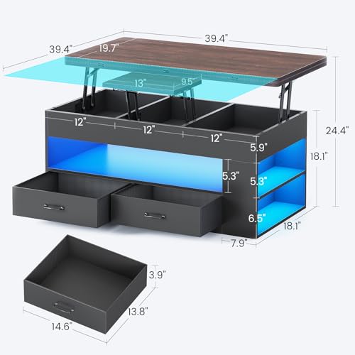 Itaar Lift Top Coffee Table, 4 in 1 Coffee Tables with Storage and Hidden Compartment, Farmhouse Coffee Table with 2 Fabric Drawers & LED Light for Living Room, Black - color: Black