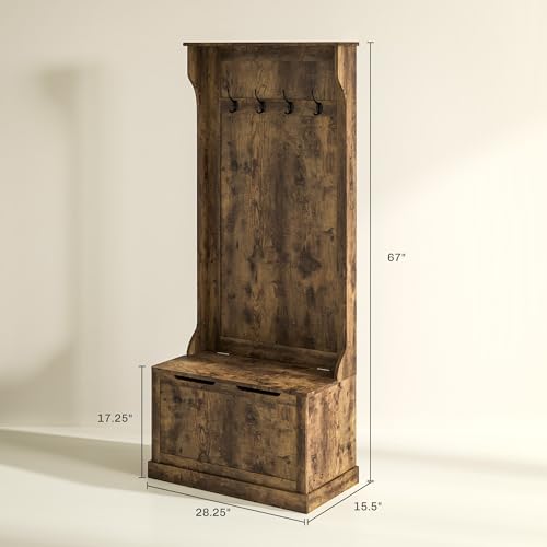 HOMCOM Hall Tree with Bench and Shoe Storage 3-in-1 Coat Rack Rustic Brown | Slim Bench with Coat Rack, 4 Hooks, Flip Top Storage Compartment - color: Rustic Brown, size: 28"
