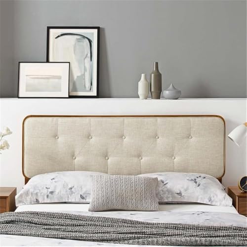 Pemberly Row Tufted Queen Headboard, 48 in x 62.5 in, Walnut Finish, Fabric Upholstery, Dense Foam Padding, Button Tufted, Rubberwood and MDF Construction, Modern Bedroom Furniture - color: Walnut and Beige, size: Queen