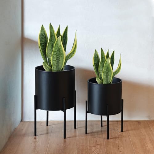 ARNIS Modern Plant Pots, Large Planters with Stand, Set of 2 Decorative Planters, Metal Plant Pots with Drainage Holes for Living Room, Office, Garden or Balcony, 10.5 &12.25 Inch, Black - color: Black, size: 10.5 &12.25