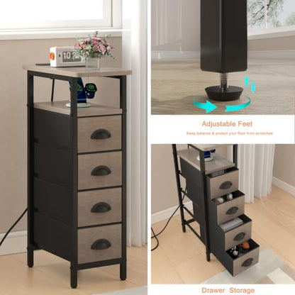 sthmec Nightstand Set 2 with Charging Station, Narrow End Table Set of 2 with 4 Drawers, LED Side Table with Fabric Drawers,Slim Sofa Couch Tables for Small Spaces,Living Room,Bedroom, Grey - color: Grey, style: Power & LED