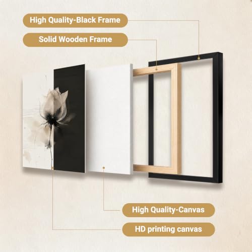 Framed Minimalist Flower Wall Art, Black and Beige Canvas Print | Zen-style Color-blocked Lotus Bud Painting, Minimalist Flower Artwork for Bedroom, Study and Reading Nook, 16×20 Inch - color: Lotus Bud, size: 20"L x 16"W
