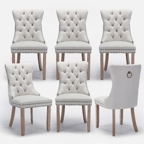 Linen Upholstered Dining Chairs Set of 6, Modern Style Kitchen Side Chairs with Nailhead Trim and Wood Leg, Metal Pulling Ring for Dining Room Living Room, Beige - color: Beige-linen, size: Set of 6