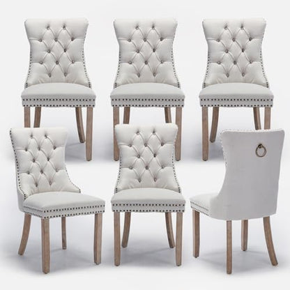 Linen Upholstered Dining Chairs Set of 6, Modern Style Kitchen Side Chairs with Nailhead Trim and Wood Leg, Metal Pulling Ring for Dining Room Living Room, Beige - color: Beige-linen, size: Set of 6