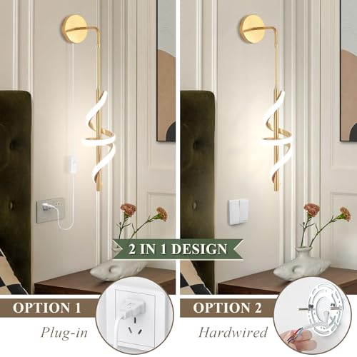 Modern Plug in Wall Sconces Set of Two,4500K Neutral Light Plug in Wall Light,Spiral Led Wall Lamp with Plug in Cord/Hardwire,Gold Indoor Sconce Wall Lighting Decor for Bedside Bedroom