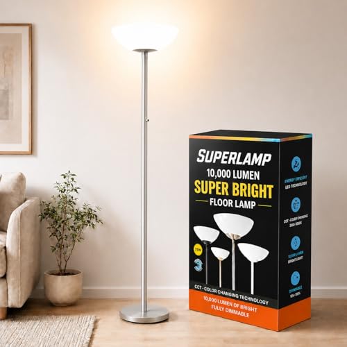 Modern Floor Superlamp 10000 Lumen - LED 75W, Dimmable 5 Changing Color, 85 CRI All Around Light, Tall Corner Standing Lamp with Cement Base and Acrylic Shade, Glare Free UpLight Kit Ready - Silver - color: Silver