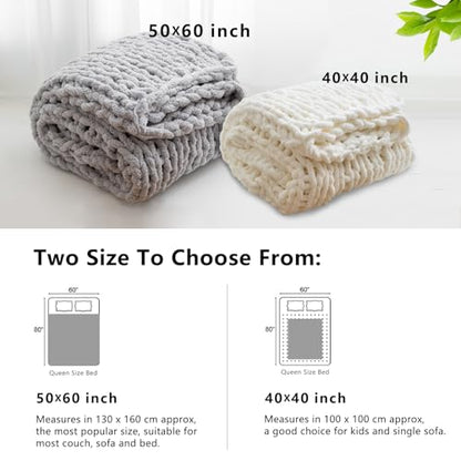 WESHIONGOO Chunky Knit Throw Blanket 51"×63" Cream White | Knitted Throw blankets for Couch Bed Fluffy Soft Blanket With Jumbo Chenille Yarn Thick 100% Handmade - color: Cream White, size: 51"x63"(Large Size Throw)