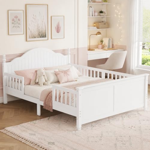 Full Size Kids Bed Frame with Removable Guardrails, Low Profile, White | 3 guardrail setups: all installed, front removed or all removed; 8 slats; 6-inch mattress sold separately; no box spring - color: White, size: Full