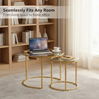 Round Nesting Coffee Table Set of 2, Glass Stacking Minimalist End Table | Modern Marble Pattern Wooden Nesting Tables for Living Room Bedroom Small Space, Clear Tempered Glass and Gold Leg - color: Glass & Gold