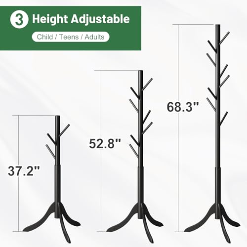 kiplant Black Coat Rack Stand, Bamboo Wood Freestanding Coat Tree with 8 Hooks, Hallway Entryway Hat Hanger Organizer Standing for Bedroom, Office, Clothes, Jackets, Bags, Umbrallas - color: Black