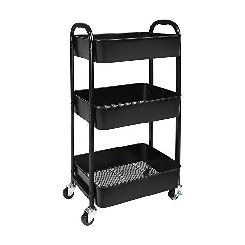 3-Tier Rolling Utility Cart with Caster Wheels Easy Assembly, Black | Easy Assembly, multi-purpose storage trolley for kitchen, rolling cart with smooth caster wheels for bathroom - color: Black, size: 3-Tier Standard Cart