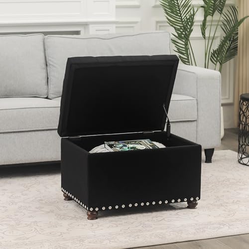Ottoman with Storage,24" Fabric Ottoman Foot Rest with Hinged Lid Small Rectangle Upholstered Tufted Foot Stools Ottomans for Bedroom Living Room Entryway,Black - color: Dark Black