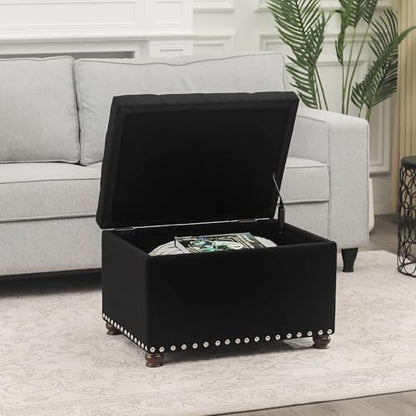 Storage Ottoman Bench, Rectangle 24″ Linen Foot Rest Stool Square Footstool for Living Room, Bedroom, Black - color: Line Black