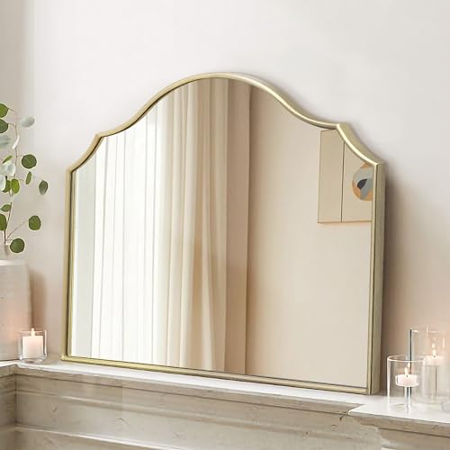 Besdomus Gold Wooden Vanity Mirror: 32"x24" Bathroom Mirrors for Over Sink | Scalloped Modern Minimalist Decorative Wall Mirror for Dresser/Mantel/Bedroom/Entryway/Fireplace/Nightstand/Dining Room - color: Gold Leaf, size: 24"L x 32"W