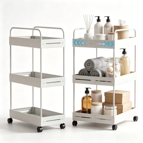 Extendable 3 Tier Heavy Duty Metal Utility Cart for Bath, White | Adjustable Storage Slim Cart | with 360° Swivel Wheels Cart | Detachable | Perfect for Laundry, Kitchen, Office, Garage - color: White