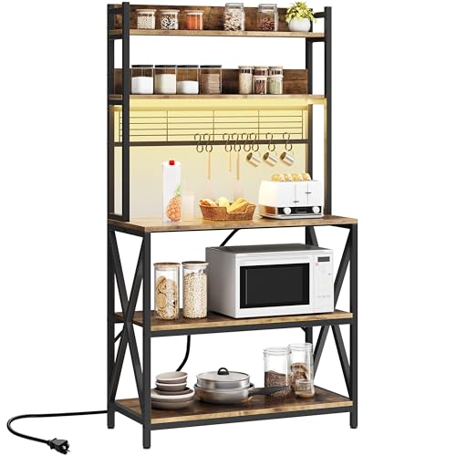 Yaheetech 5-Tier Bakers Rack with Power Outlet & LED Lights,Rustic Brown | 64 Inches Tall Microwave Oven Stand with Storage for Spices,Pots,Engineered Wood and Metal shelves,Coffee Bar Table - color: Rustic Brown