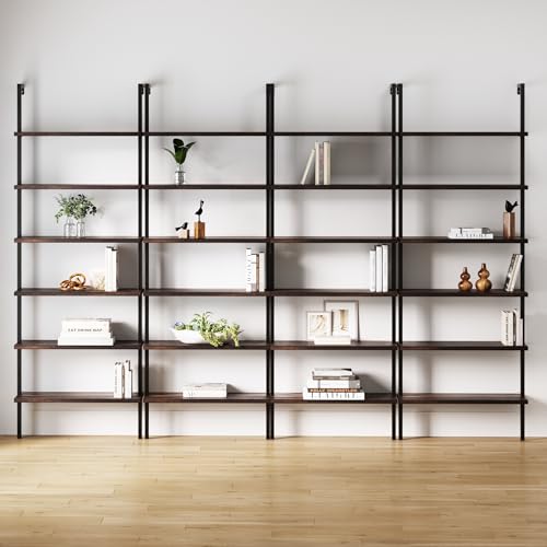 Nathan James Theo 6-Shelf Tall Bookcase, Wall Mount Bookshelf with Natural Wood Finish and Industrial Metal Frame, Nutmeg/Matte Black, Set of 4 - color: Nutmeg/Matte Black, size: Set of 4