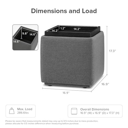 mopio Levi Storage Ottoman with Reversible Tray, Modern Square Chest Coffee Table, Upholstered Cube Sitting Foot Stools Ottoman for Living Room, Bedroom, Entryway (Fabric, Dark Gray) - color: Dark Gray Fabric, Cube