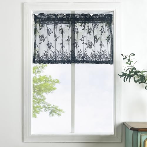 Kotile Black Lace Valance Curtain for Windows Floral W52xL18 Inch 1 Panel | Rod Pocket, Lace Mesh Adds Texture, Tempers Brightness, Vintage Gothic Look, Petite Top Detail, Subtle Privacy - color: Black
