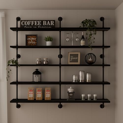 HDDFER Floating Shelves for Wall Bookshelf Industrial Pipe Shelving Shelves 60 Inch 5 Tier Natural Wood Planks Rustic Wall Shelves Hanging Bookshelves Farmhouse Kitchen Shelving - color: Black, size: 5Tier60in