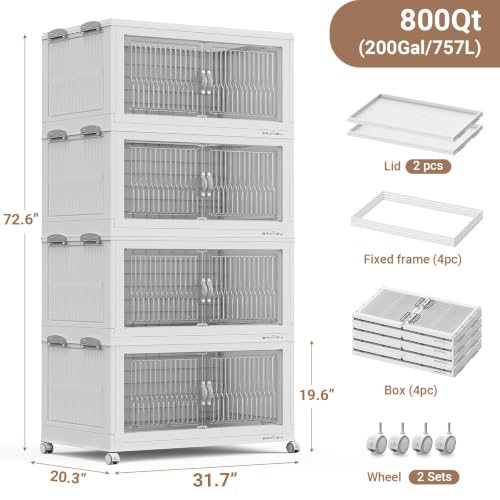 BROVIEW 800QT Extra Large Stackable Storage Bins with Lids, 4Pack White | 200Gal Plastic Collapsible Cabinets Containers, Wheels & PET Doors, Foldable Closet Organizers Drawers for Office, Dorm - color: White, size: 50Gal-4Pack