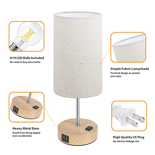 Bedside Table Lamps with 2 USB Charging Ports & AC Outlet, Set of 2 Touch Control Wooden Base Nightstand 3-Way Dimmable Lamps with Beige Fabric Shade for Bedroom, Living Room, A19 E26 Bulbs included - color: Cream