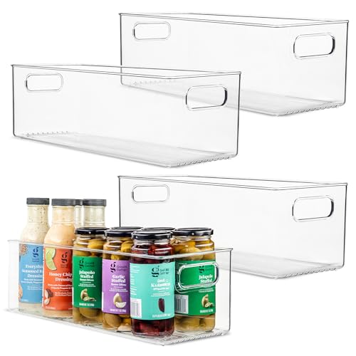 Plastic Food Storage 4 Pack Clear Container Bin with Handles for Organizing Kitchen, Pantry, Refrigerator, Freezer, Pantry, Cabinet, Closet, Bathroom. 16”x6”x5” - size: 16x6x5