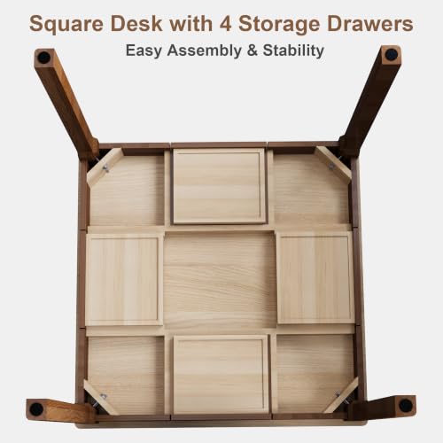 Solid Wood Desk with Drawers - 29.5” Square Dining Table, Mid Century Modern Desks, Rubberwood Small Kitchen Table, Writing Desk with Drawers for Apartment|Bedroom|2-4 People - Walnut Desks - color: Walnut, size: 29.5 in W x 29.5 in D