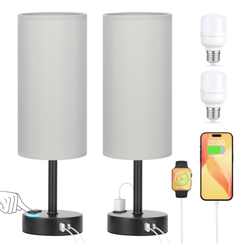 PartageiZ Grey Touch Table Lamps Set of 2-3 Way Dimmable Bedroom Lamps for Bedside with USB C and A Ports, Small Nightstand Lamps with AC Outlet, Desk Lamps with Black Base for Office Boys | 3-Way Dimmable, LED Bulb Included, Grey Fabric Lampshade, Matte