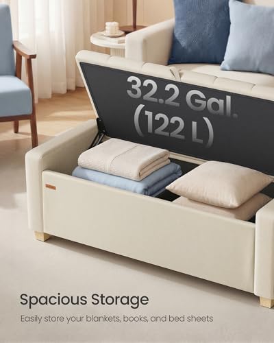 SONGMICS Storage Ottoman, Storage Chest Bench with Legs, End of Bed Bench with Safety Hinges, Pull Tab, for Living Room, Bedroom, 19.7 x 47.6 x 16.5 Inches, Linen-Look Fabric, Summer Sand ULOM511LF01 | Foot Rest with Legs, 19.7 x 47.6 x 16.5 Inches, End o