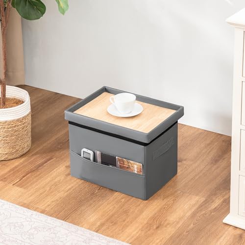 Small Storage Ottoman,Foldable Foot Stool with Reversible Tray Lid and Side Pocket,Leather Ottoman Foot Rest Stool with Padded Seat,for Living Room Bedroom,11.6x16.3x11.4 Inches,Grey - color: Light Grey-leather, size: 16" Wide