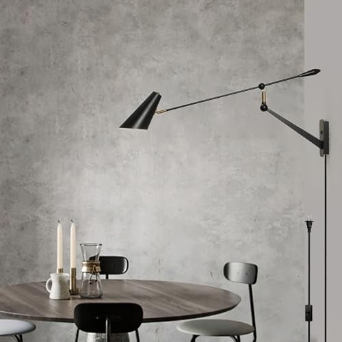 Adjustable Directional Plug in wall Light Swing arm, Unique Long Pole wall Lamps for Living Room Sofa Background Wall, Movable Retro Style Dining Table Large wall Mount lamp, E26 Base - color: Black Gold