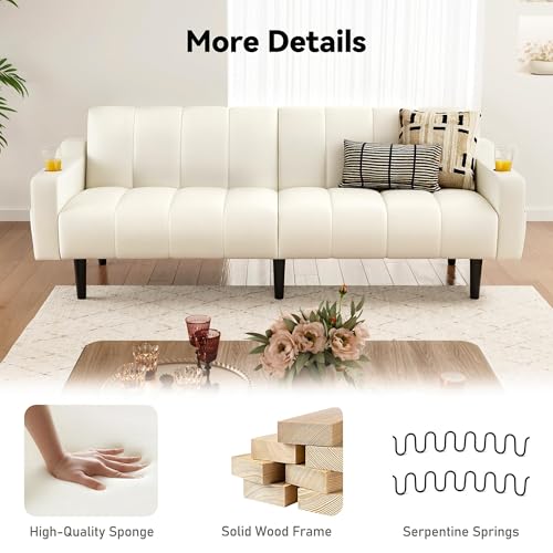 Brelice 80'' Leather Couch, Futon Sofa Bed, Faux Leather Couch with Adjustable Backrest, 2 Cup Holders & Side Pockets, Mid Century Modern Sofa for Living Room, Bedroom, Cream White - color: Faux Leather Cream White