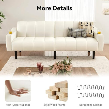 Brelice 80'' Leather Couch, Futon Sofa Bed, Faux Leather Couch with Adjustable Backrest, 2 Cup Holders & Side Pockets, Mid Century Modern Sofa for Living Room, Bedroom, Cream White - color: Faux Leather Cream White