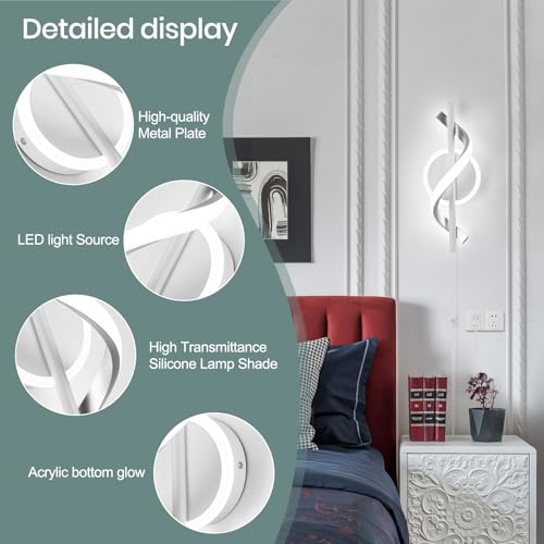 LED Wall Sconces Indoor, 12W Plug In Wall Sconces Set of 2, Modern Spiral Wall Lamp, Bedside Wall Lamps, 6000K Cold White Wall Light Fixture for Bedroom Stairs Living Room Hallway (Cold White, White) - color: White-Cool White