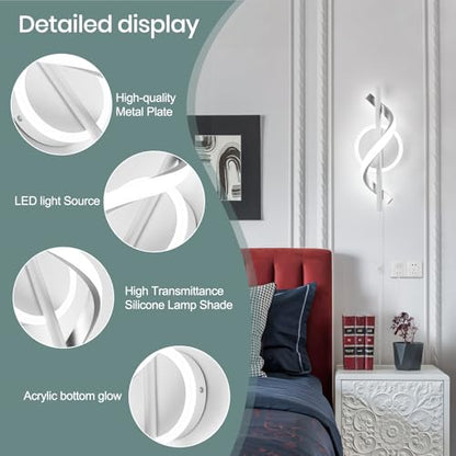 LED Wall Sconces Indoor, 12W Plug In Wall Sconces Set of 2, Modern Spiral Wall Lamp, Bedside Wall Lamps, 6000K Cold White Wall Light Fixture for Bedroom Stairs Living Room Hallway (Cold White, White) - color: White-Cool White