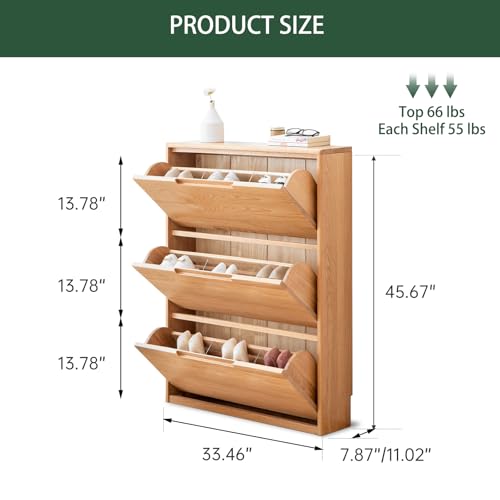 Fully-Assembled Oak Shoe Cabinet with 3 Flip Drawers, Solid Wood Shoe Storage Cabinet, Narrow Shoe Organizer for Entryway, 7.9" x 33.5" x 45.7", Oak Wood, Natural - color: Natural