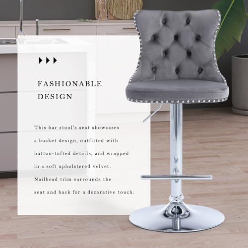 Velvet Bar Stool Set of 2, Adjustable Swivel Bar Stools with Silver Plated Metal Leg, Button Tufted, Footrest, Chrome Nailhead, Counter Height Chair for Kitchen, Bar, Dining Room (Grey) - color: Grey-silver Leg, size: Set of 2