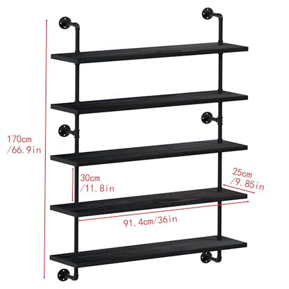 HDDFER Floating Shelves for Wall Living Room Shelves Bookshelf Industrial Pipe Shelving Shelf Real Wood Planks 36 inch Rustic Wall Shelves Hanging Bookshelves Farmhouse Kitchen Bar Shelving - color: Black, size: 5Tier36in