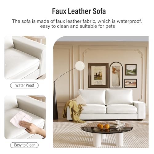 Faux Leather Couch, Mid Century Modern Comfy Loveseat Sofa with Wide Arm, Side Pockets, Solid Wooden Frame for Office, Living Room and Bedroom, 2 Seater (White, 71.25 Inches) - color: White, size: 71.25 inches